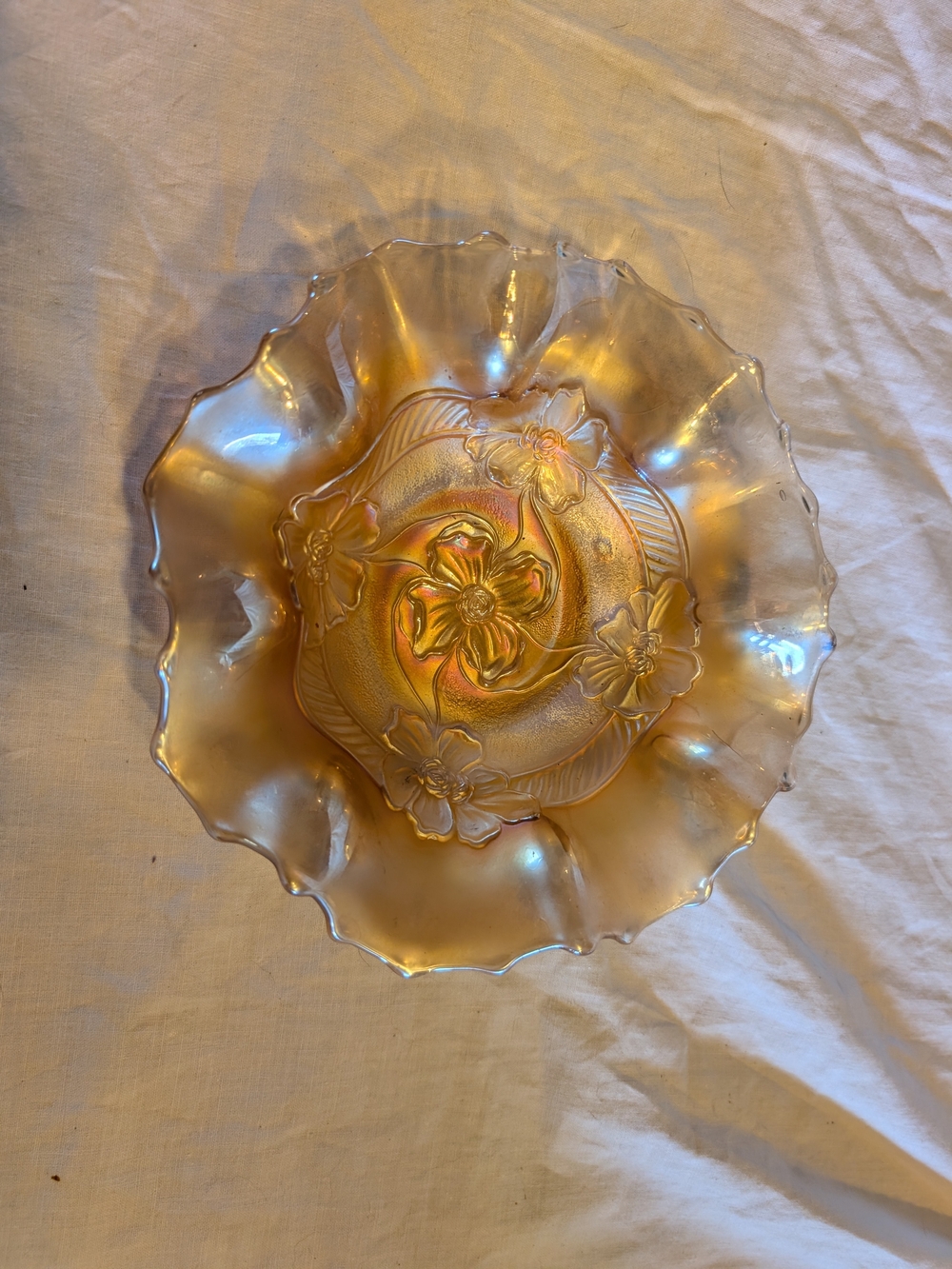 2/60$ Vintage Gold Iridescent Ruffled Floral Glass Bowl
